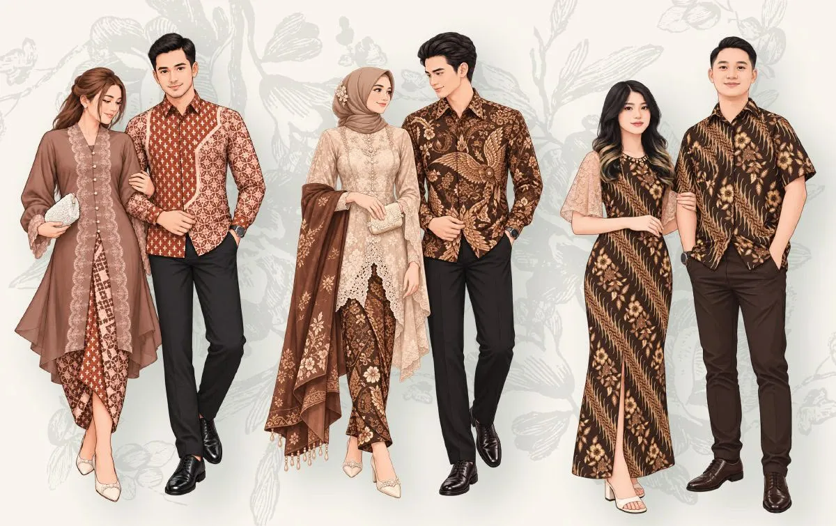 Tiga contoh pasangan berbusana wastra: kebaya dan batik dalam nuansa krem hingga cokelat